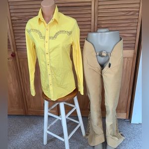 Western riding shirt yellow and tan with Ultra Suede show chaps Medium El Bronco
